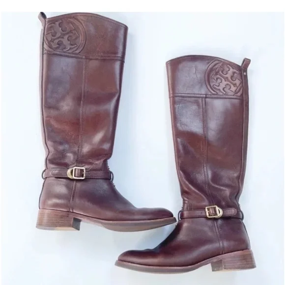 Tory Burch Marlene Riding Boots Brown Leather 9M Gold Buckle Equestrian Tall - Picture 2 of 16